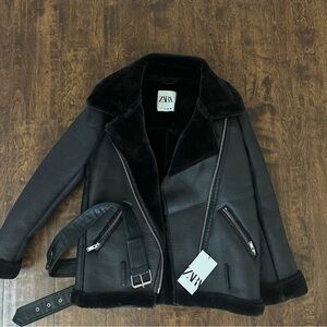 Zara Women's Black Leather Jacket with Shearling